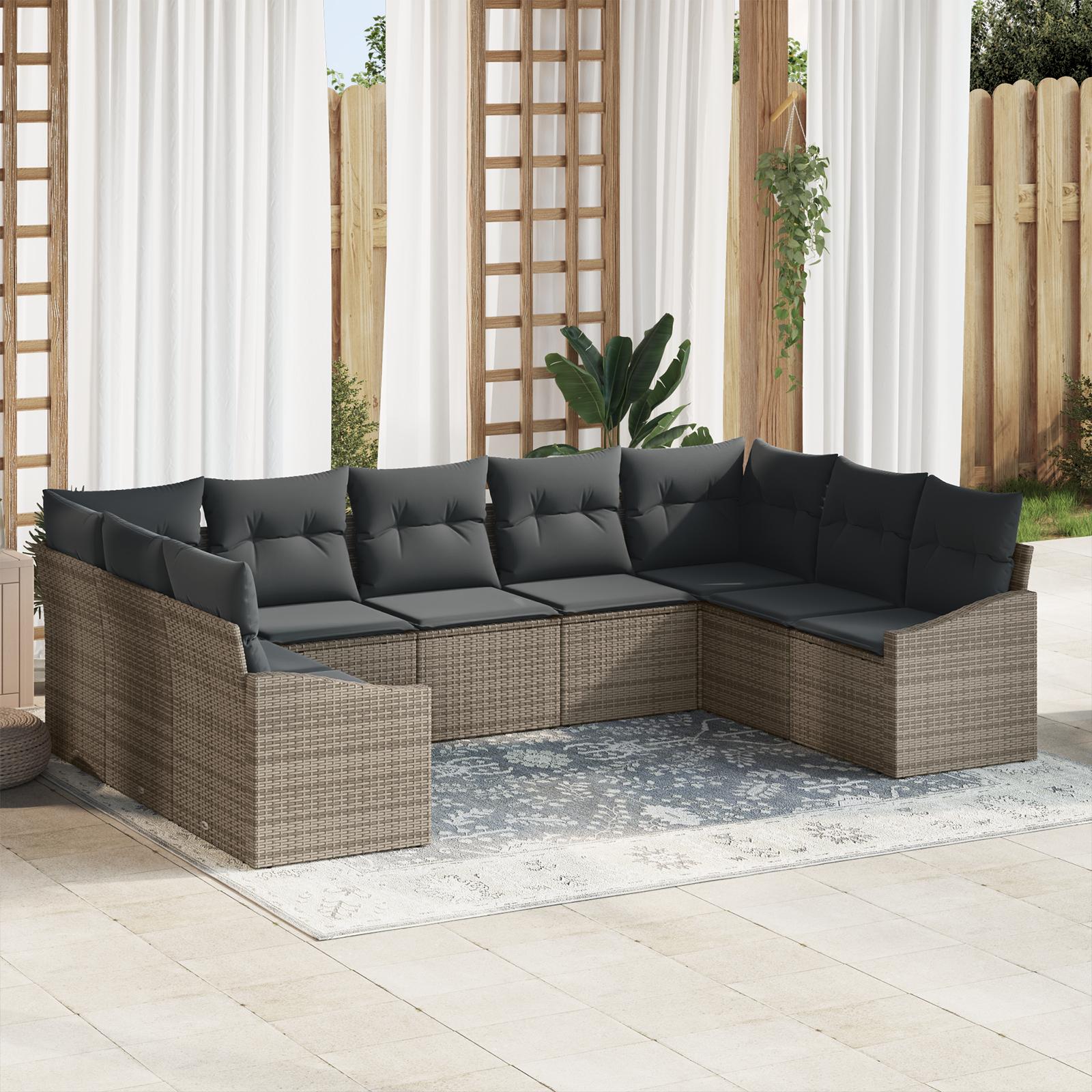 9 Stk Have Spisesæt med Puder Grå Poly Rattan