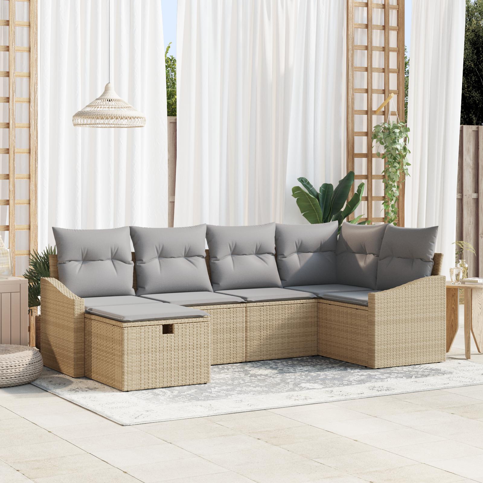 6 Delers Have Sofa Sæt med Puder Beige Poly Rattan