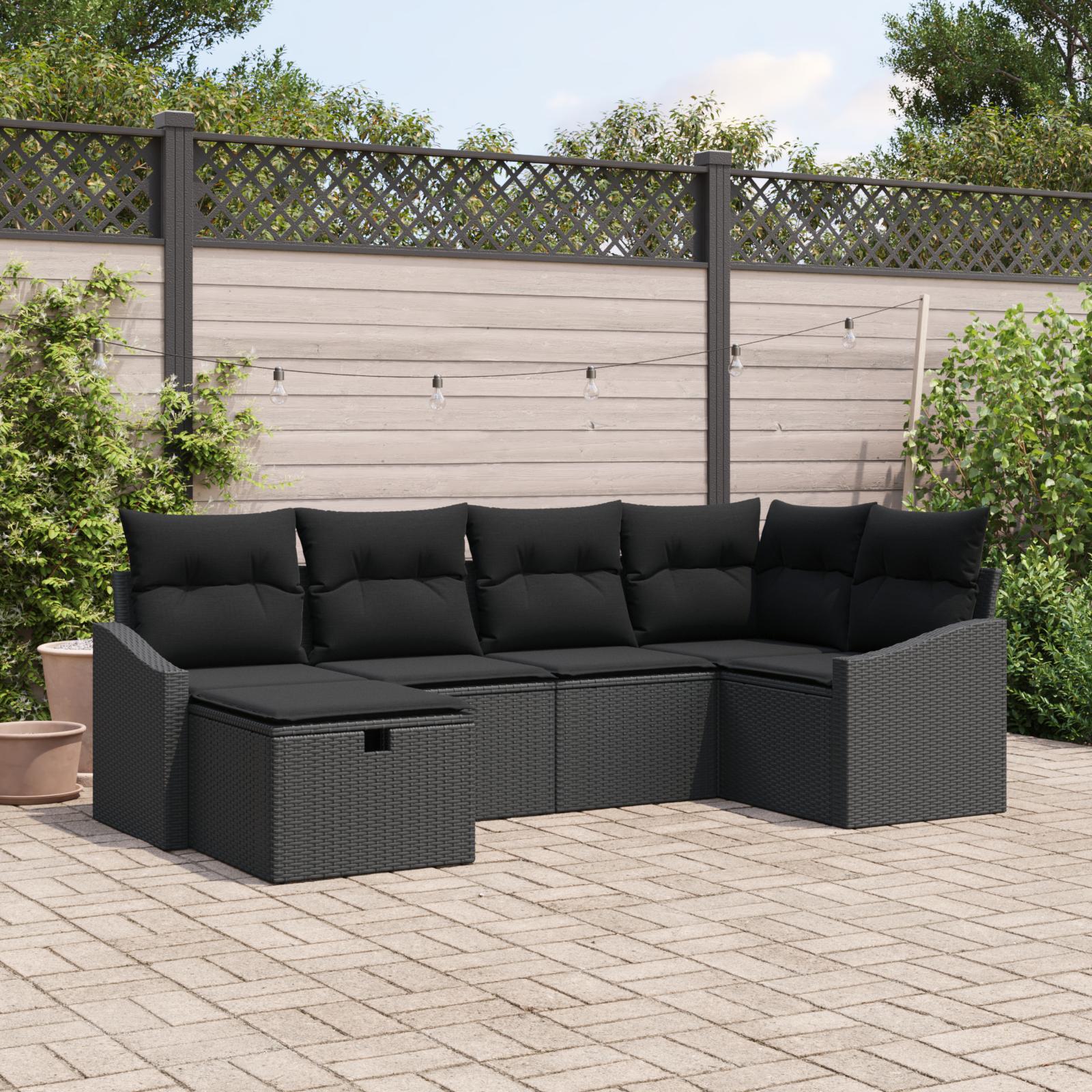 Havesofa Sæt med pude 6 stk Sort 55 x 62 x 69 cm Poly rattan billede