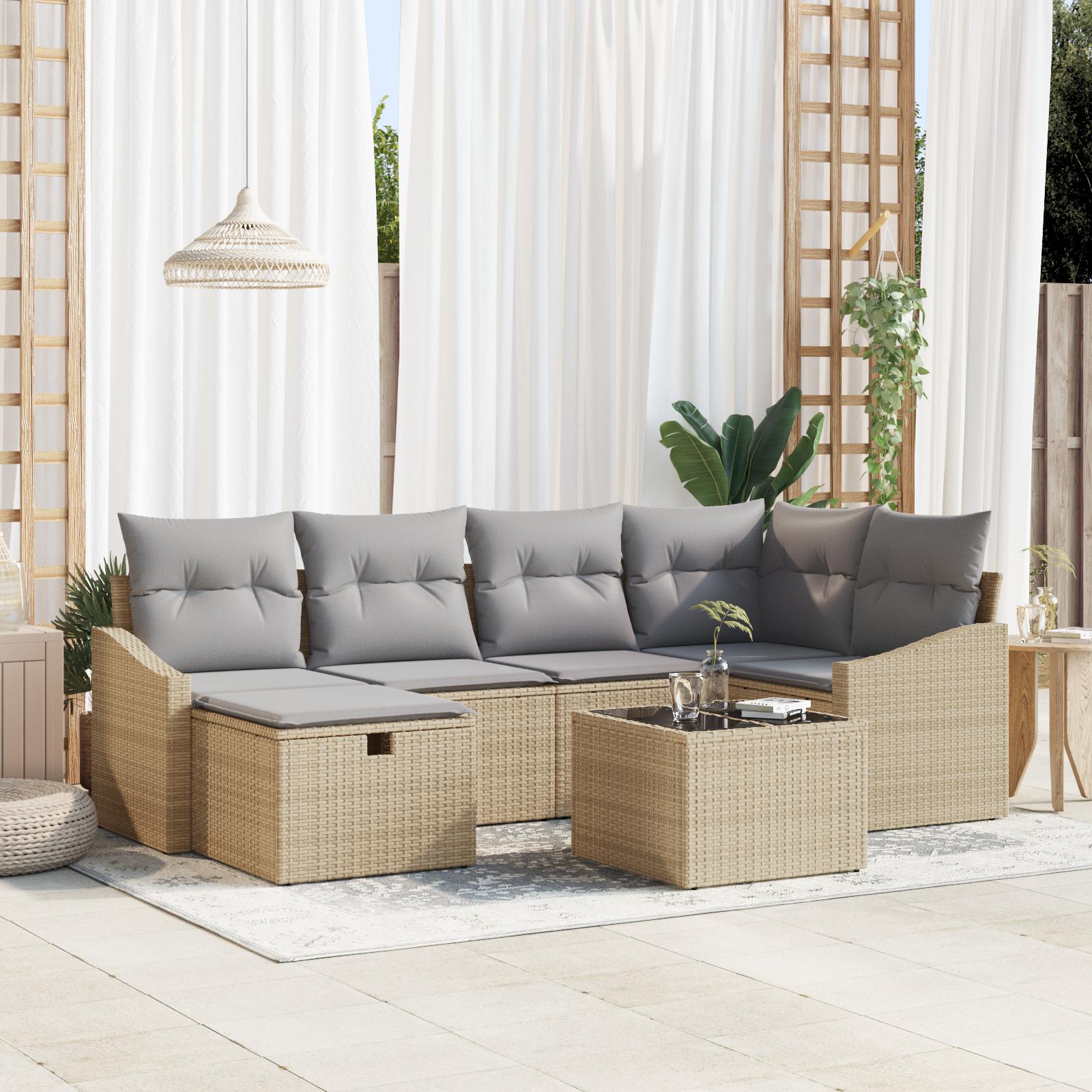 7 Personers Have Sofa Sæt med Puder Beige Poly Rattan