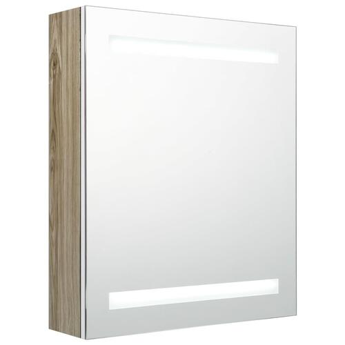Badeværelsesskab med spejl + LED-lys 50x14x60 cm egetræ og hvid