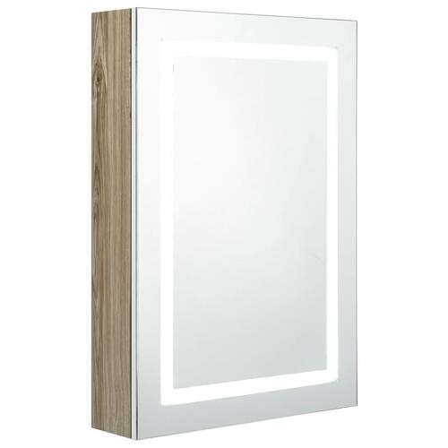 Badeværelsesskab med spejl + LED-lys 50x13x70 cm hvid og egetræ