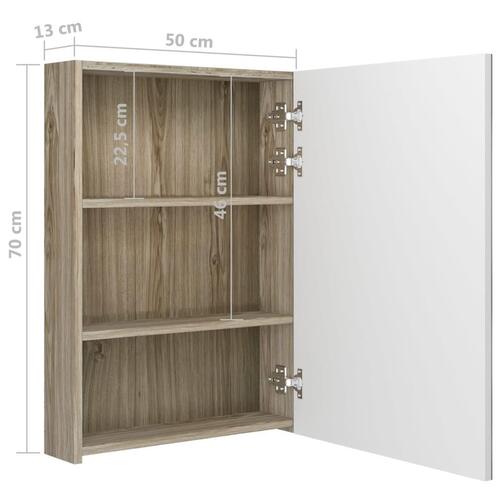 Badeværelsesskab med spejl + LED-lys 50x13x70 cm hvid og egetræ