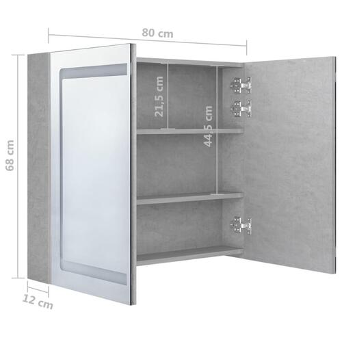 Badeværelsesskab med spejl + LED-lys 80x12x68 cm betongrå