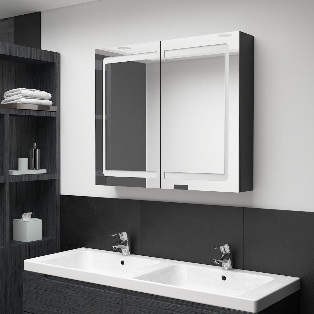 Badeværelsesskab med spejl + LED-lys 80x12x68 cm skinnende sort