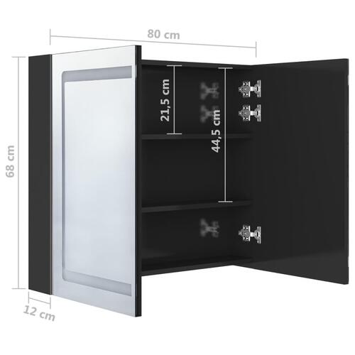 Badeværelsesskab med spejl + LED-lys 80x12x68 cm skinnende sort