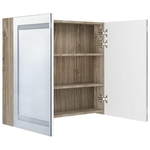 Badeværelsesskab med spejl + LED-lys 80x12x68 cm egetræ og hvid