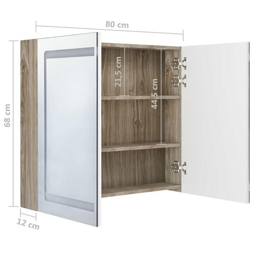 Badeværelsesskab med spejl + LED-lys 80x12x68 cm egetræ og hvid