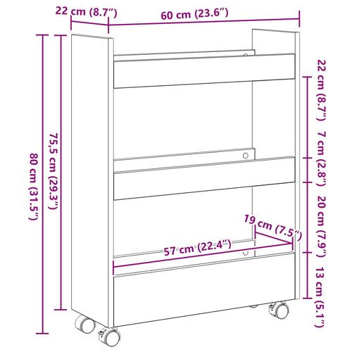 Narrow Storage Trolley 3 Tier Black Oak Engineered Wood