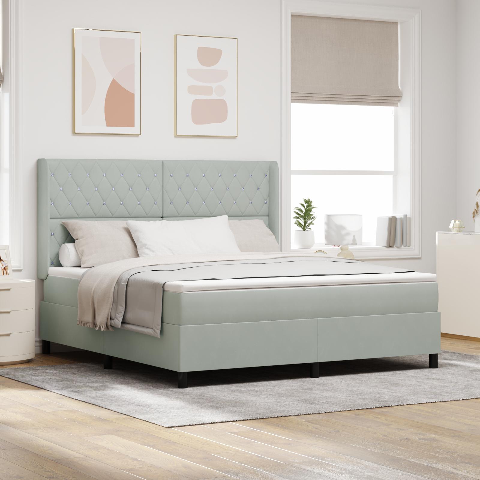 Box Spring Seng med Madras & LED Lys Lysegrå 180x200 cm Fløjl