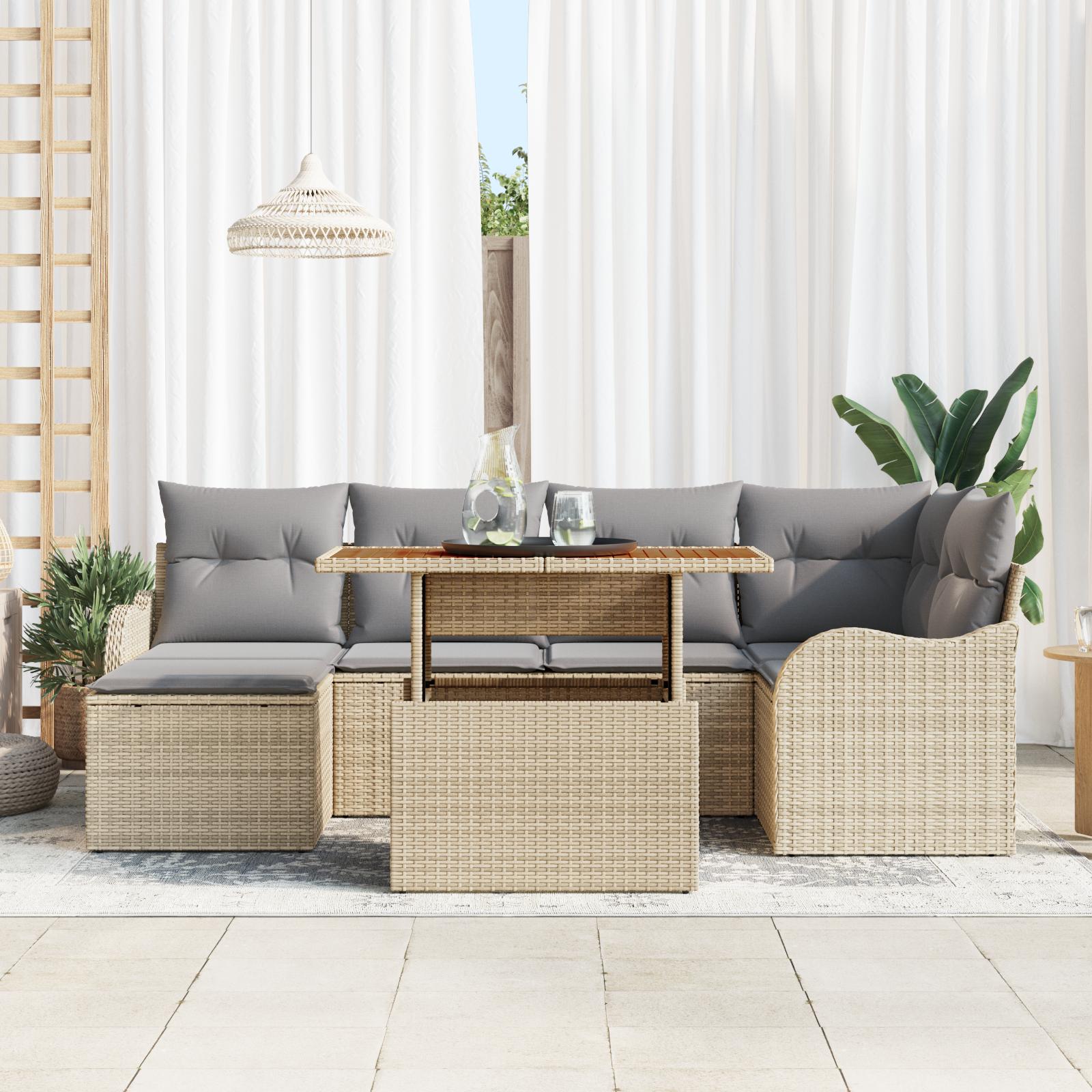 7 Delt Have Sofa Sæt Med Puder Beige Poly Rattan
