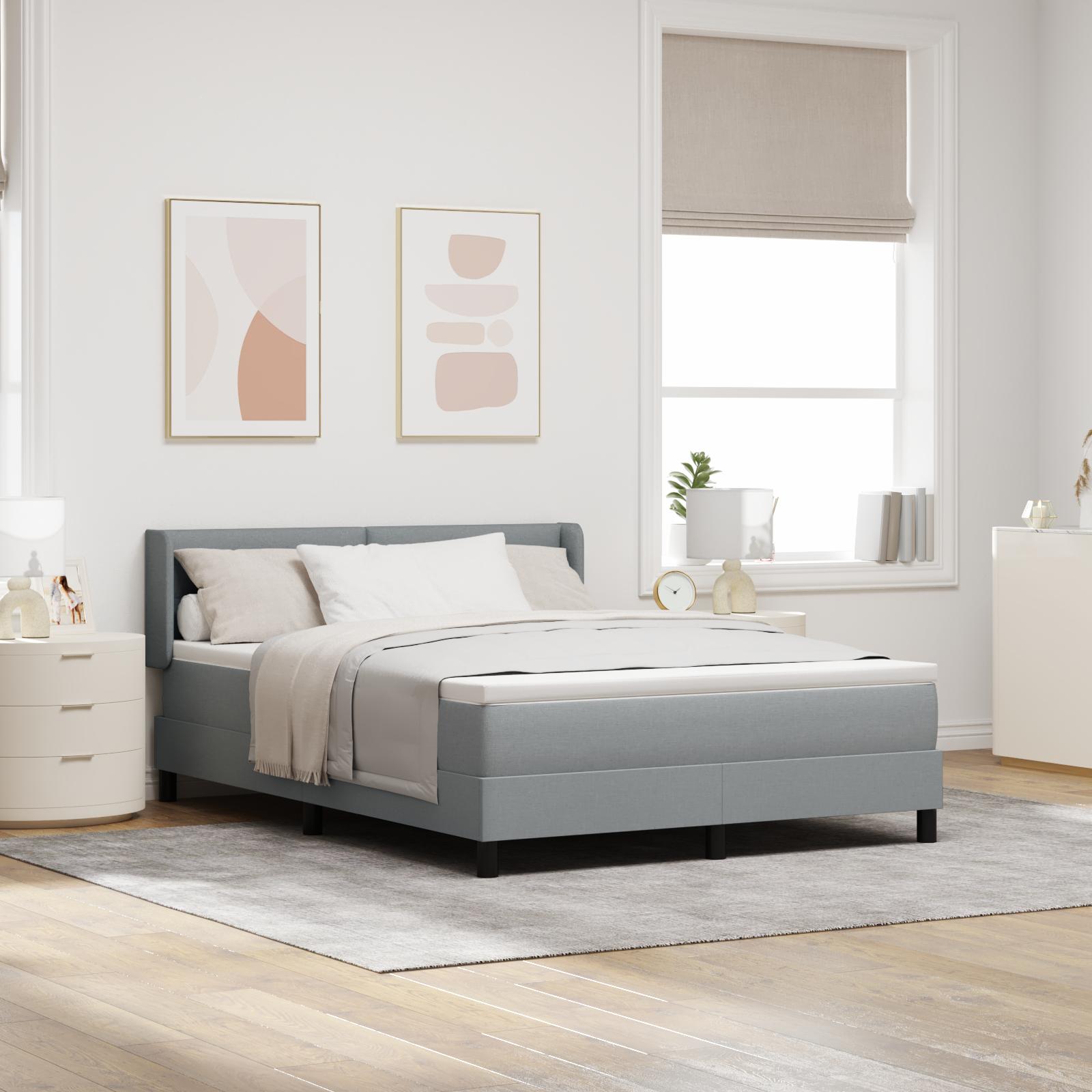 Box Spring Seng med Madras Lysegrå 160x200 cm Stof, Hovedgavl Knappet Lysegrå 160 cm Stof