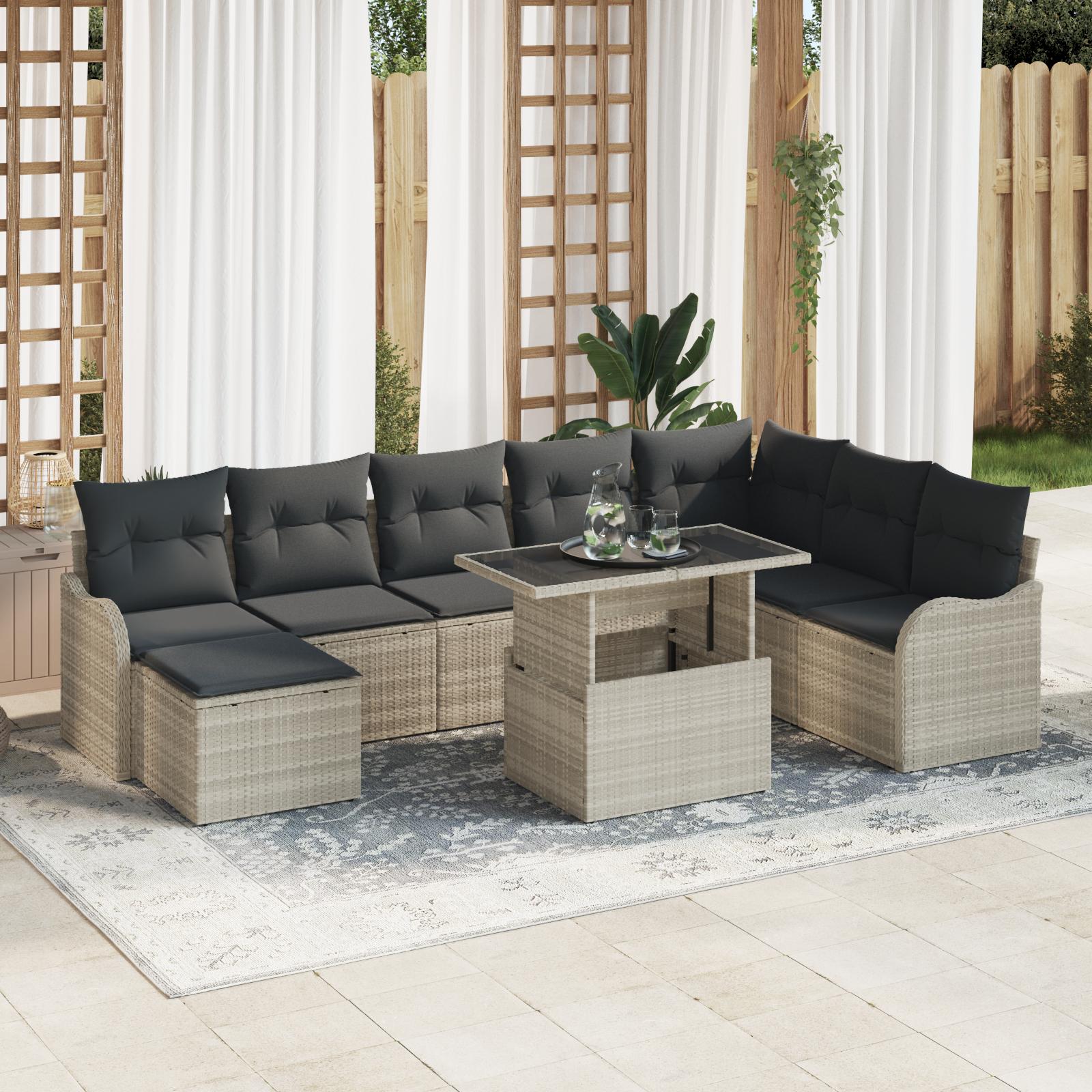 Havesofa sæt 9 stk med puder i lysegrå poly rattan