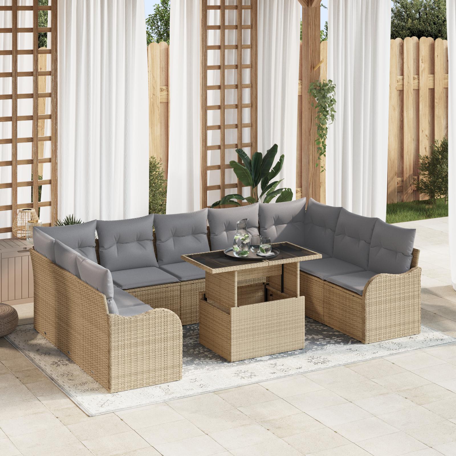 10 dele have sofa sæt med puder beige poly rattan,  2-sæde have sofa med puder beige poly rattan