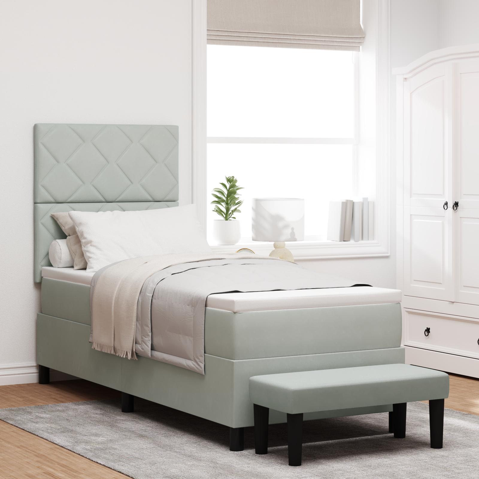 Box Spring Seng med Madras & Bænk Lysegrå 80x200 cm Fløjl