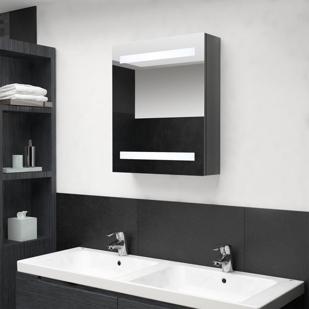 Badeværelsesskab med spejl + LED-lys 50x14x60 cm skinnende grå
