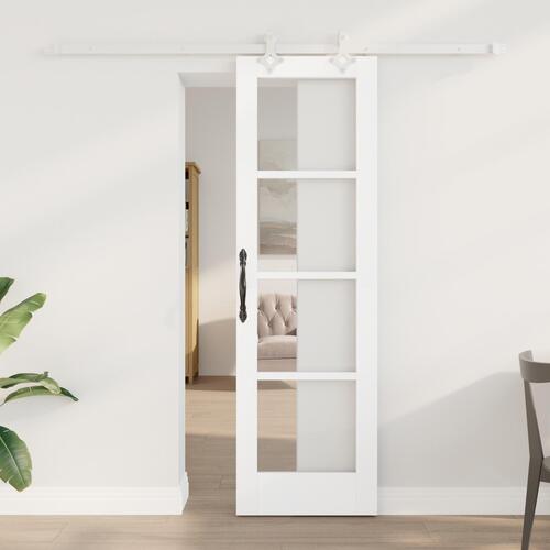 Skydedør med hardware sæt hvid 61x198.5 cm massiv fyrretræ, indendørs dør med glas 'ORKDAL'hvid 61x198.5x4 cm