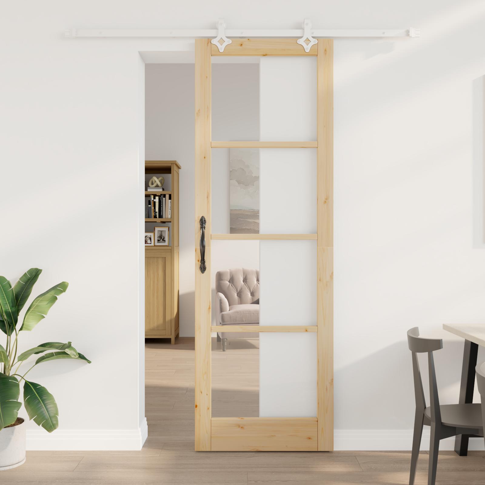 Skydedør med hardware sæt 78x232 cm Massivt fyrretræ,  indvendig dør med glas 'ORKDAL'78x232x4 cm Massivt fyrretræ