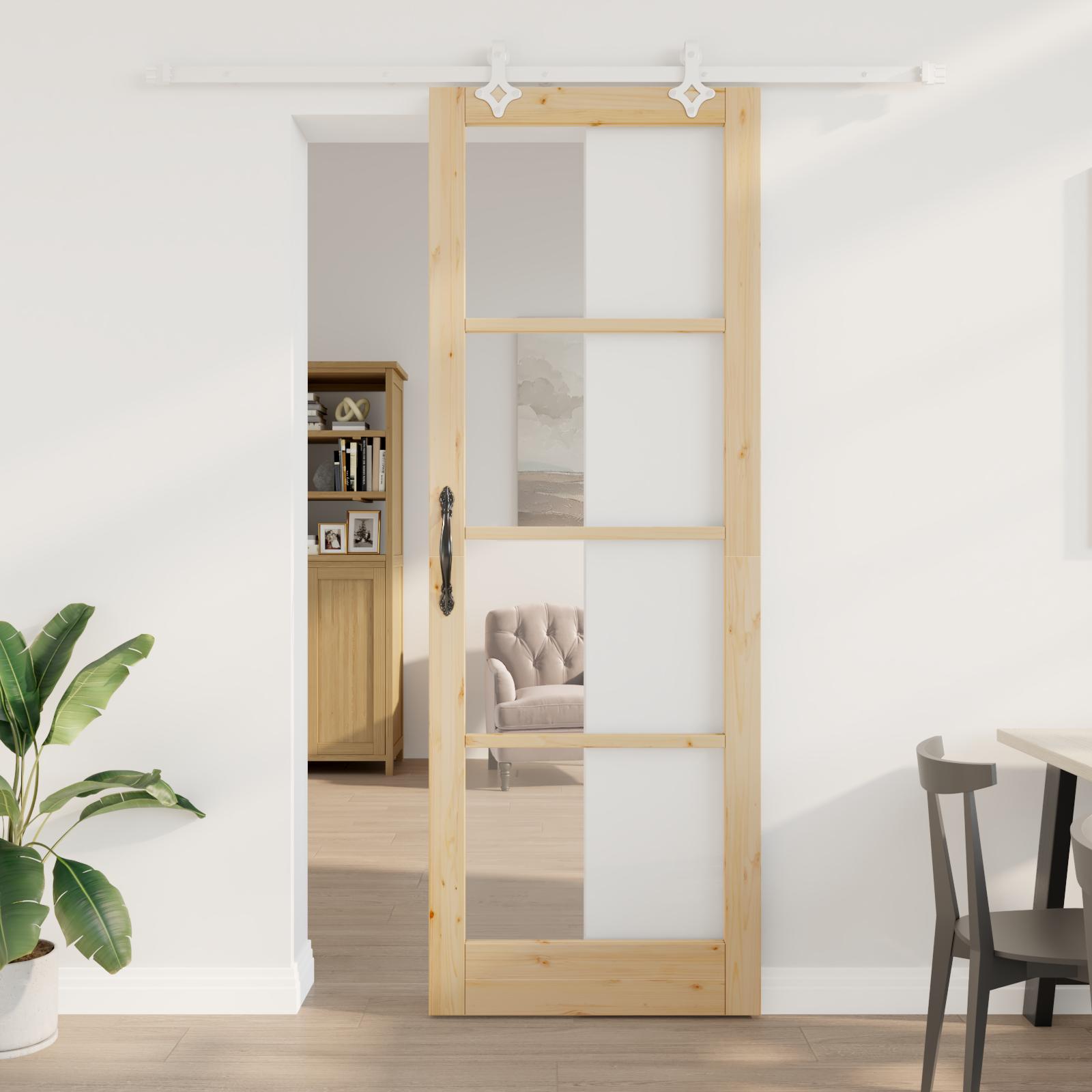 Glidende Dør med Hardware Sæt 83x232 cm Solid Træ Fyr, Indvendig Dør med Glas 'ORKDAL'83x232x4 cm Solid Træ Fyr