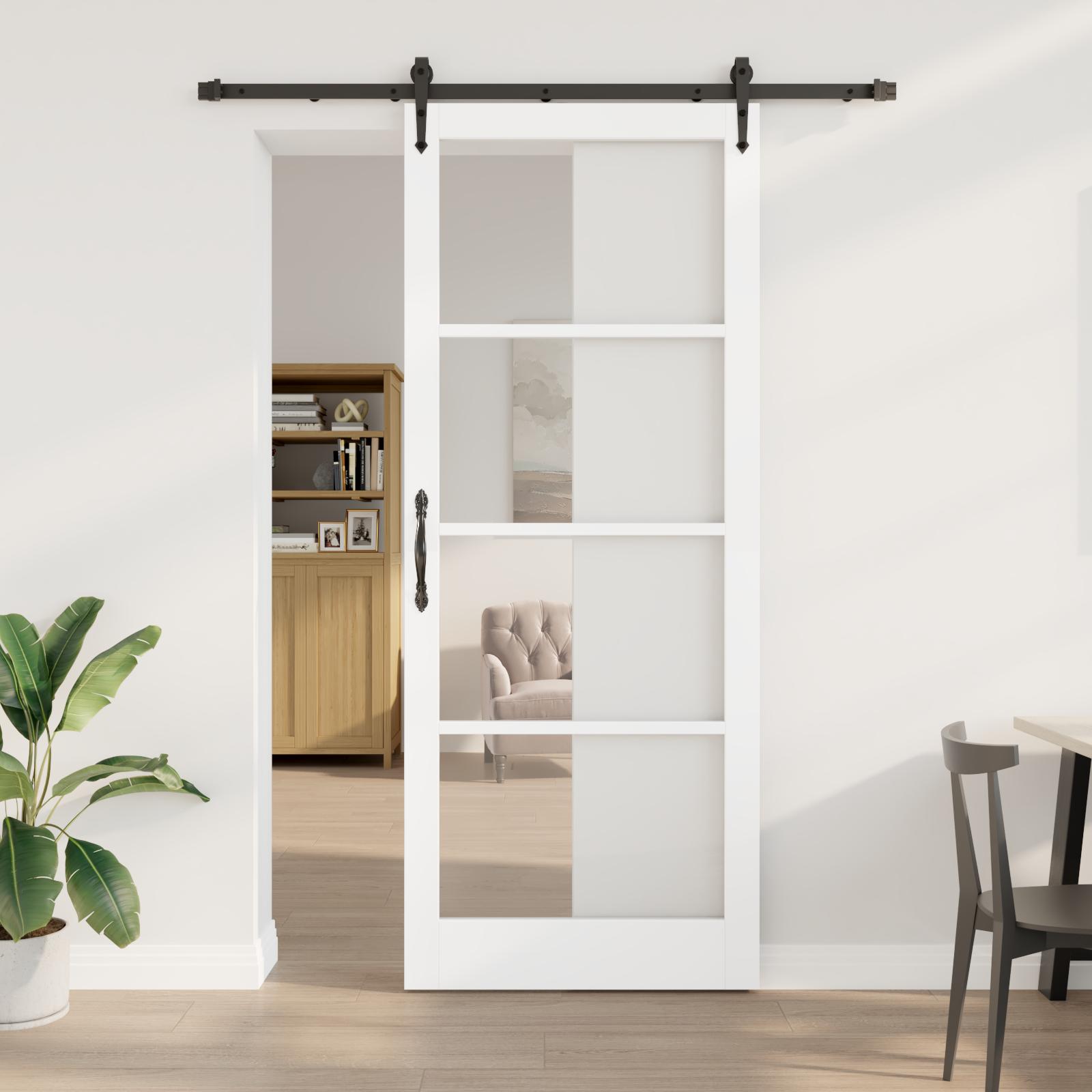 Skydedør med hardware sæt Hvid 93x232 cm Solid fyrretræ, Indvendig dør med glas 'ORKDAL'Hvid 93x232x4 cm