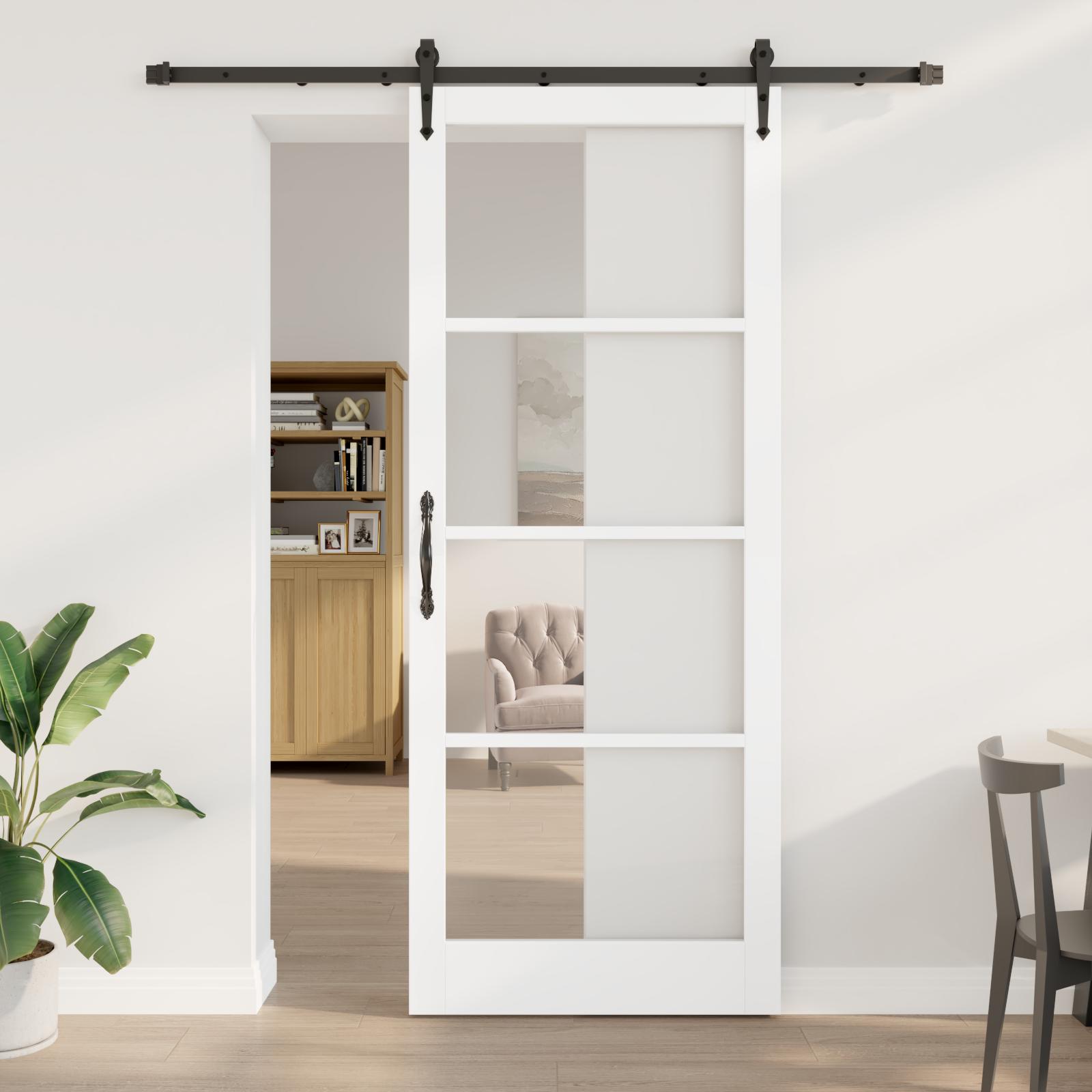 Skydedør i hvid/sort 93 × 232 cm - massivt fyrretræ og glas billede