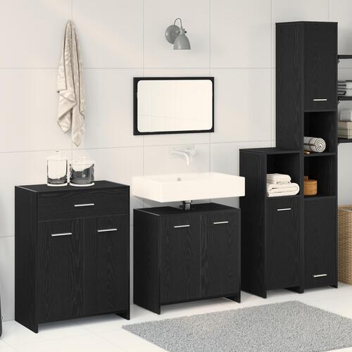 4 Stk Badeværelsesmøbel Sæt Sort Egetræ Konstrueret Træ, Black Oak Badeværelsesskab 60x33x80 cm Lavet af konstrueret træ