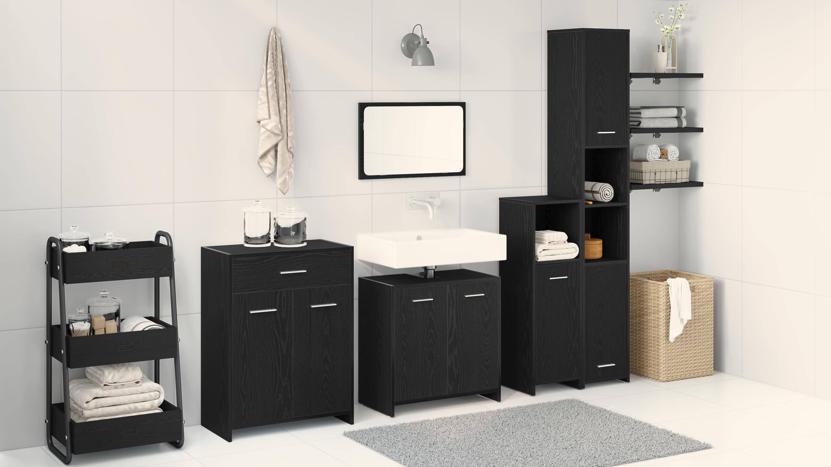 4 Stk Badeværelsesmøbel Sæt Sort Egetræ Konstrueret Træ, Black Oak Badeværelsesskab 60x33x80 cm Lavet af konstrueret træ