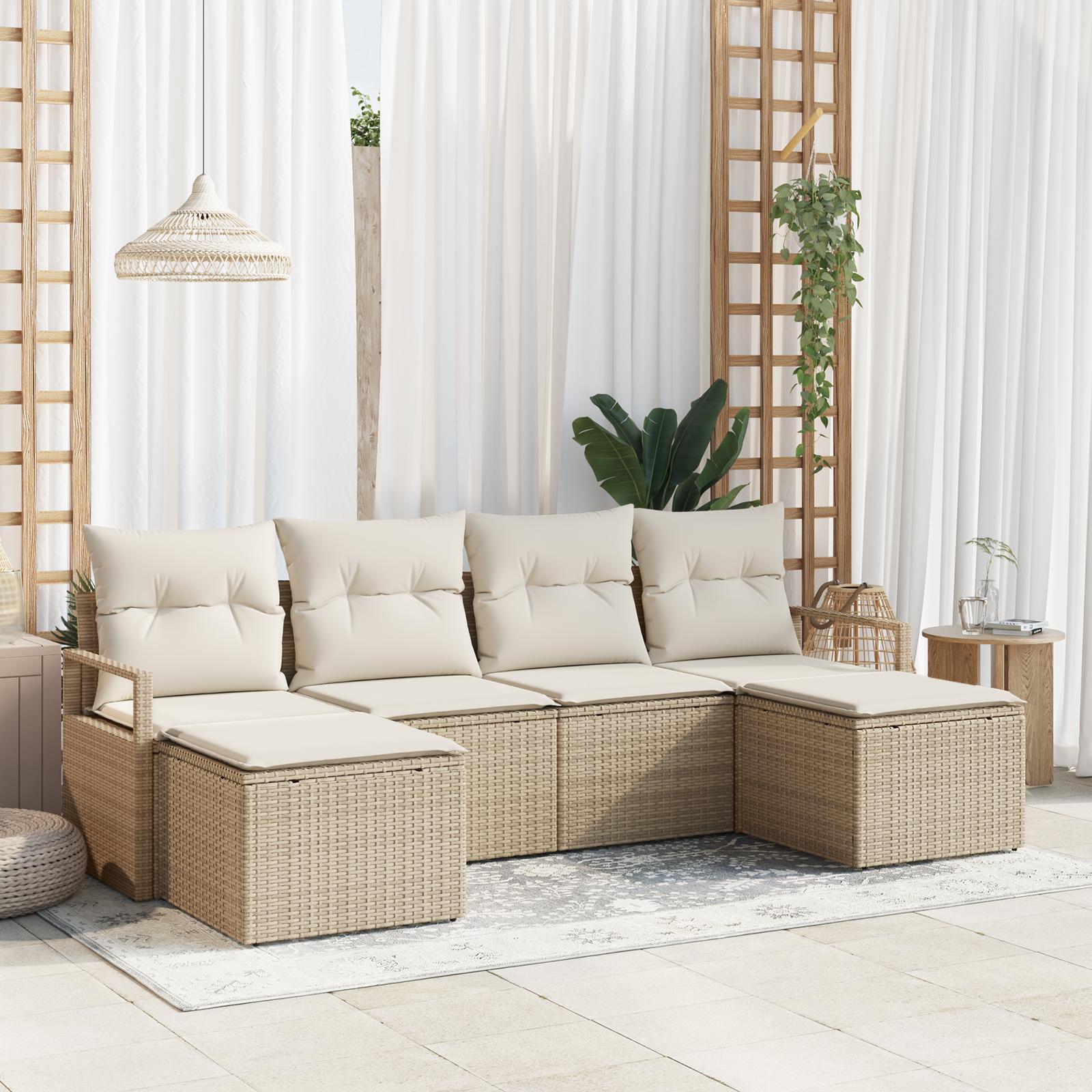 6 Delers Have Sofa Sæt med Puder Beige Poly Rattan,  2-Personers Have Sofa med Puder Beige Poly Rattan
