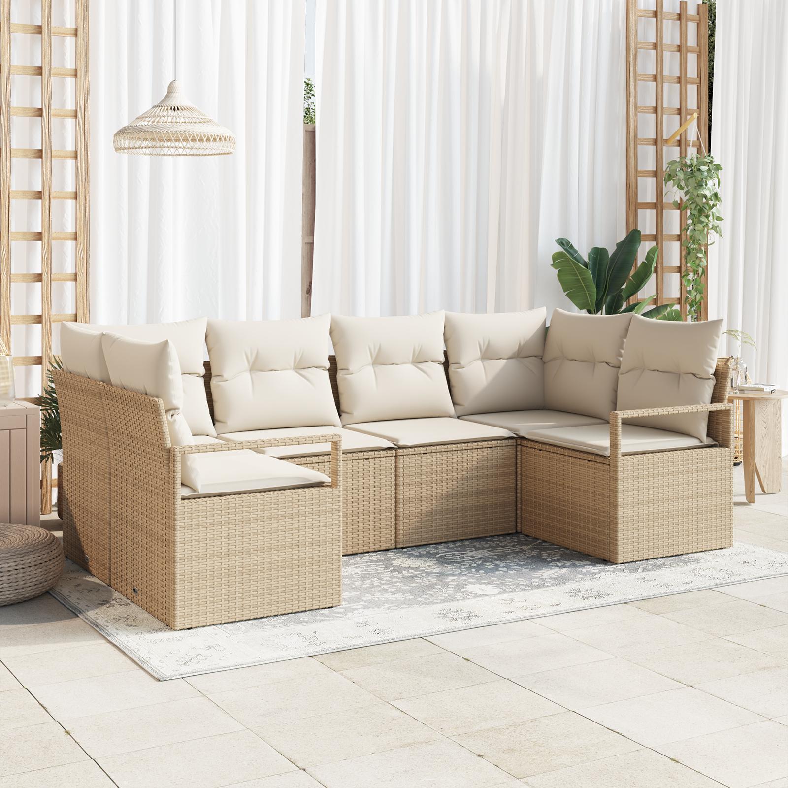 6-Stykke Have Sofa Sæt med Puder Beige Poly Rattan,  2-Sæders Have Sofa med Puder Beige Poly Rattan