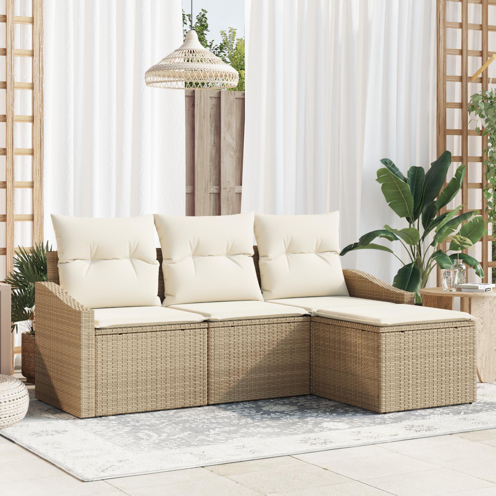4 Deles Have Sofa Sæt med Puder Beige Poly Rattan