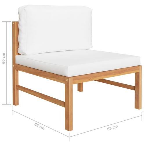 Midterdel til sofa med cremefarvede hynder massivt teaktræ