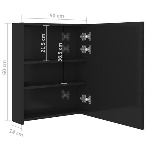 Badeværelsesskab med spejl + LED-lys 50x14x60 cm blank sort