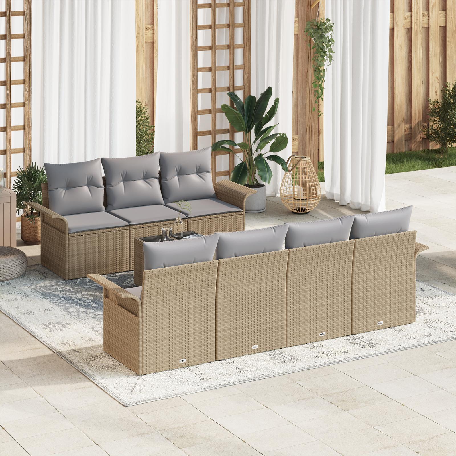 8 dele have sofa sæt med puder beige poly rattan,  2-personers have sofa med opbevaring og puder beige poly rattan