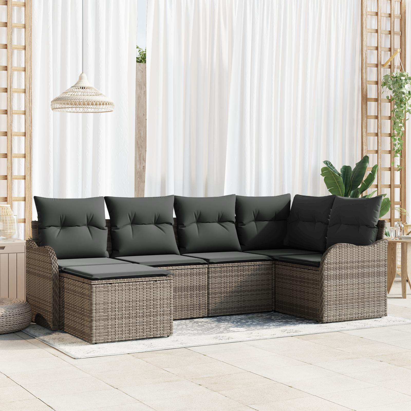 6 Stk Have Sofa Sæt med Puder Grå Polyrattan, 2-sæders Have Sofa med Opbevaring & Puder Grå Polyrattan