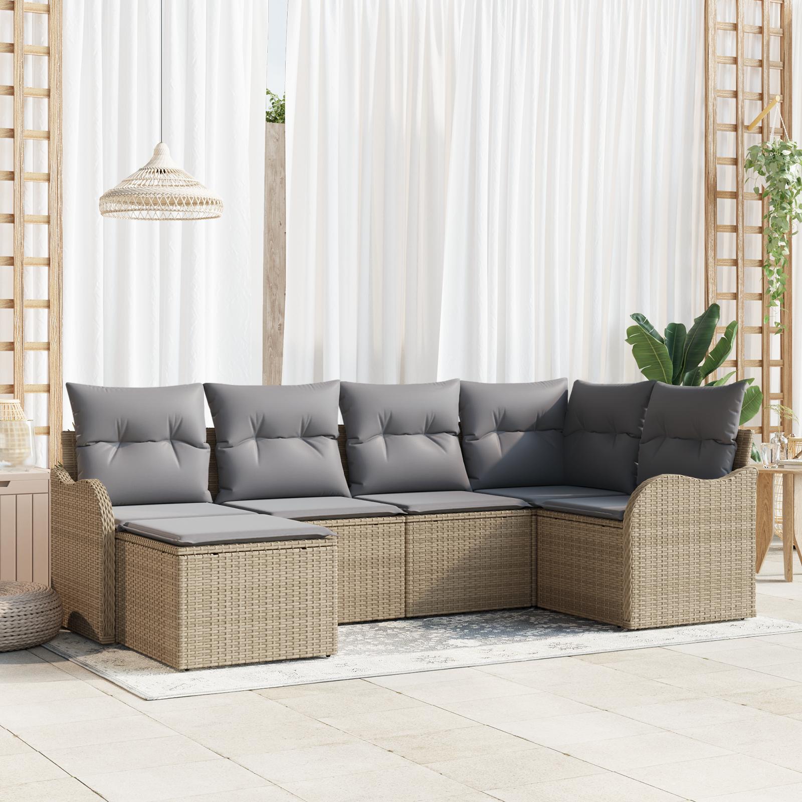 6 Deles Have Sofa Sæt med Puder Beige Poly Rattan,  2-Sæde Have Sofa med Opbevaring & Puder Beige Poly Rattan