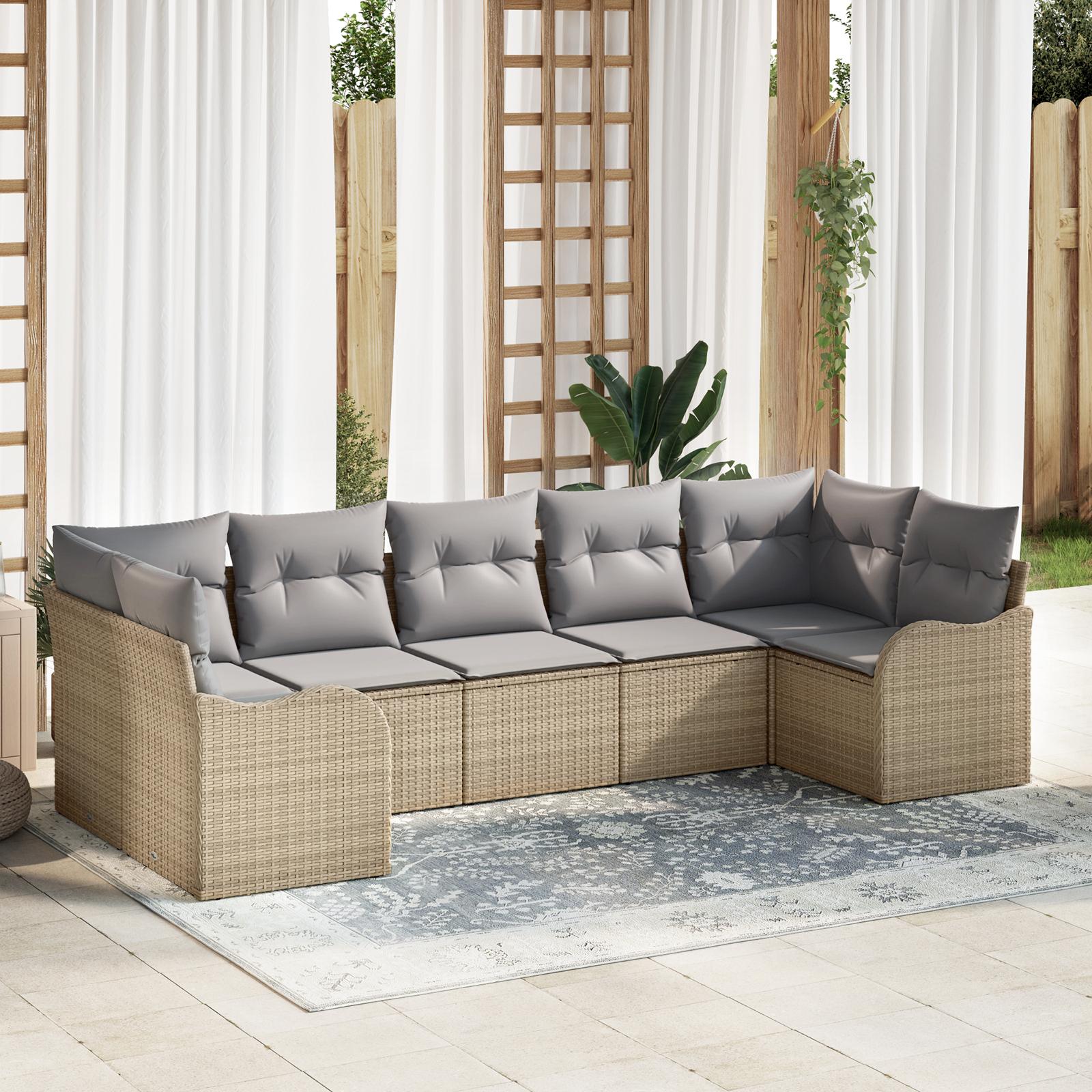 7 Delers Have Sofa Set med Puder Beige Poly Rattan,  2-Sæders Have Sofa med Opbevaring & Puder Beige Poly Rattan