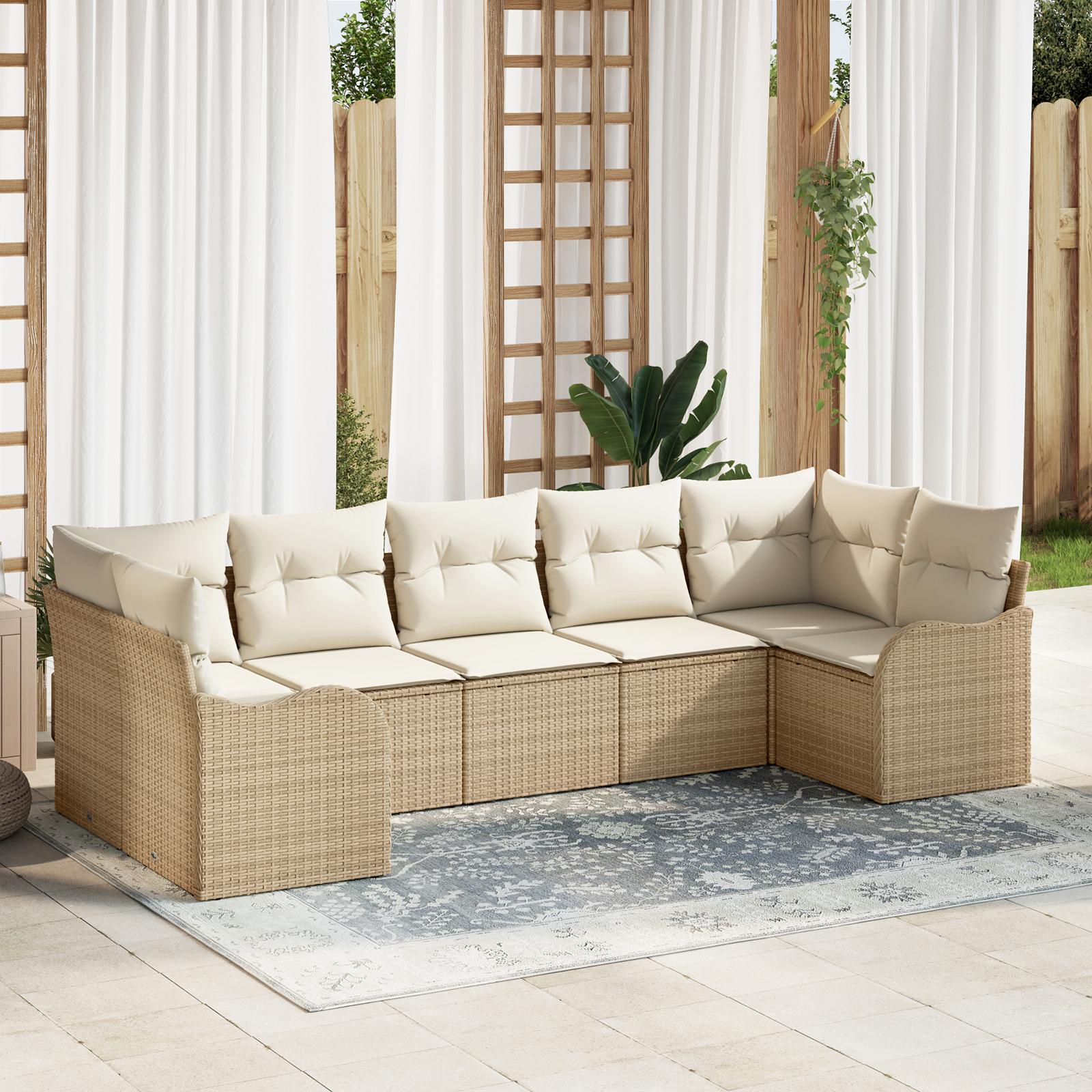 Havesofa Sæt med pude 7 stk Beige og hvid Poly rattan billede