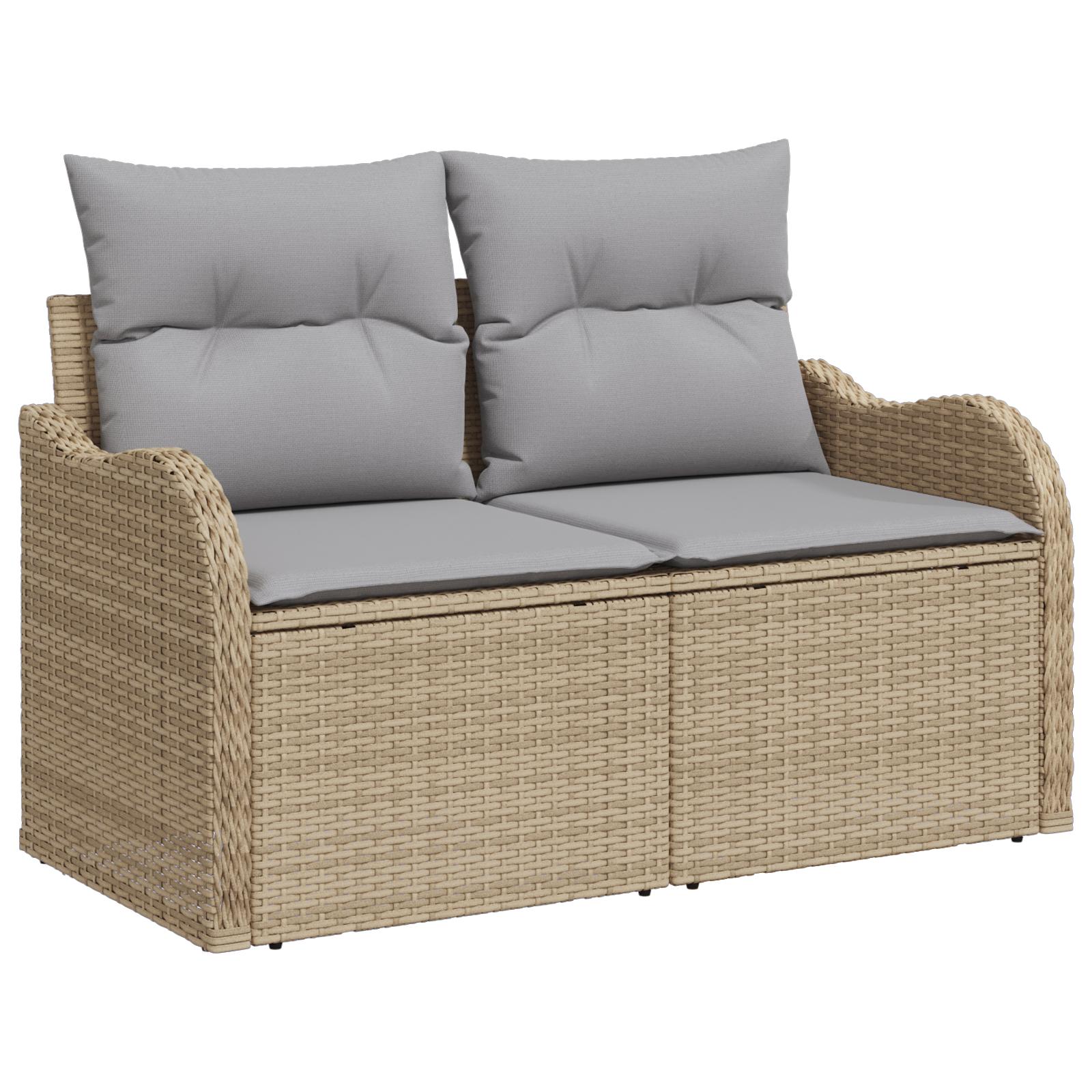 11 Stykke Have Sofa Sæt med Puder Sort Poly Rattan,  2-Personers Have Sofa med Opbevaring&Puder Beige Poly Rattan
