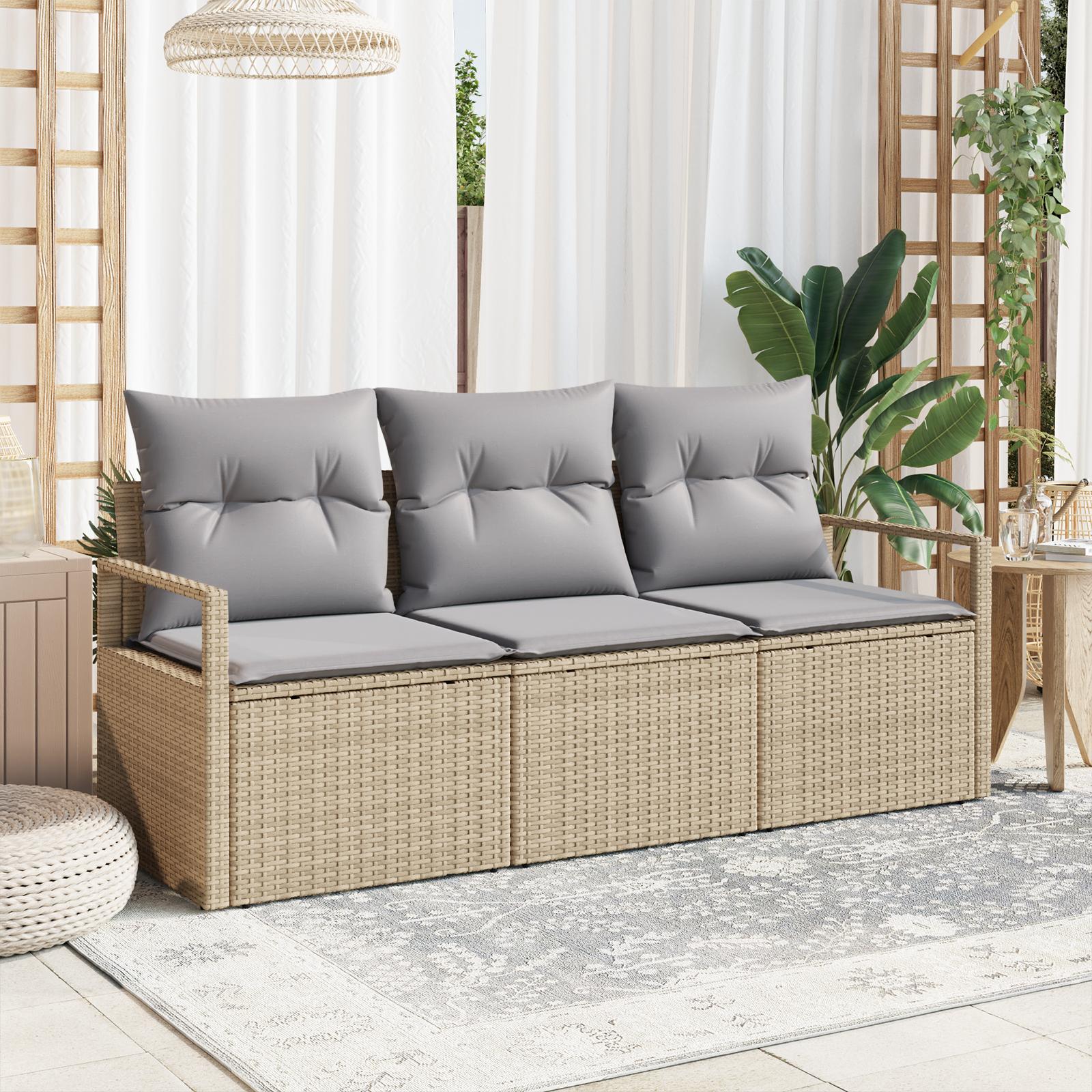 3 Delt Have Sofa Sæt med Puder Beige Poly Rattan,  2-Sæders Have Sofa med Opbevaring & Puder Beige Poly Rattan