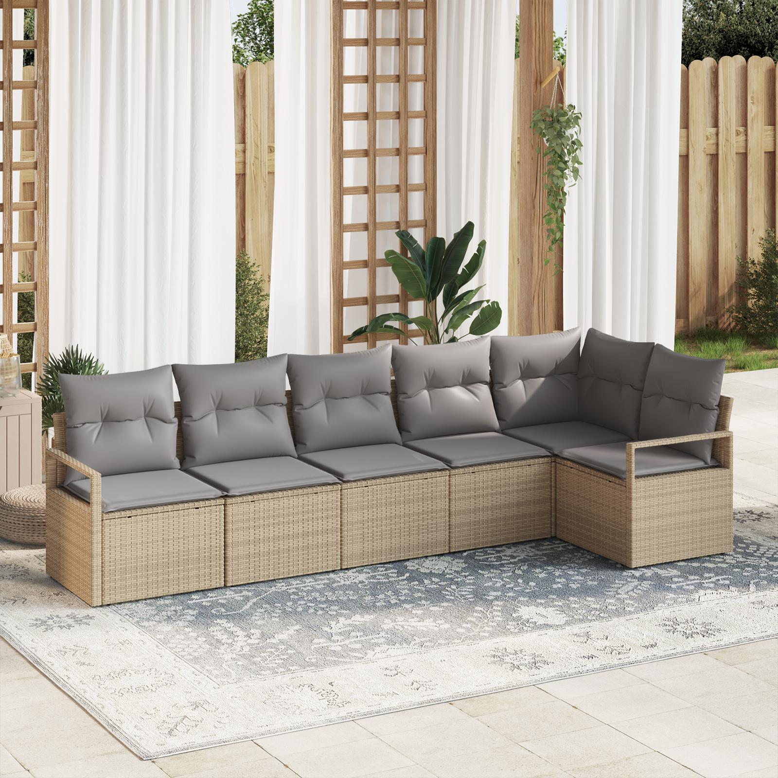 6-dele Have Sofa Sæt Med Puder Beige Poly Rattan,  2-personers Have Sofa Med Opbevaring & Puder Beige Poly Rattan