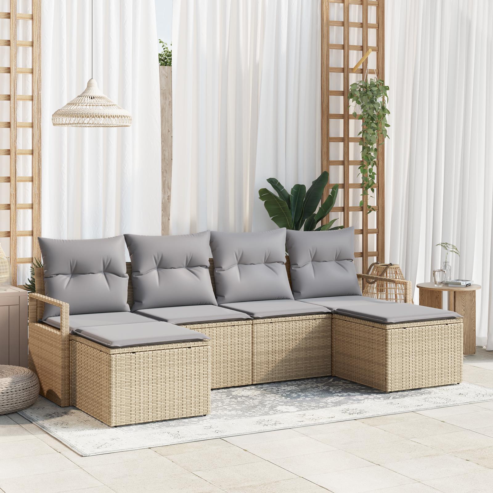 6 Stykke Have Sofa Sæt med Puder Beige Poly Rattan,  2-Sæde Have Sofa med Opbevaring & Puder Beige Poly Rattan