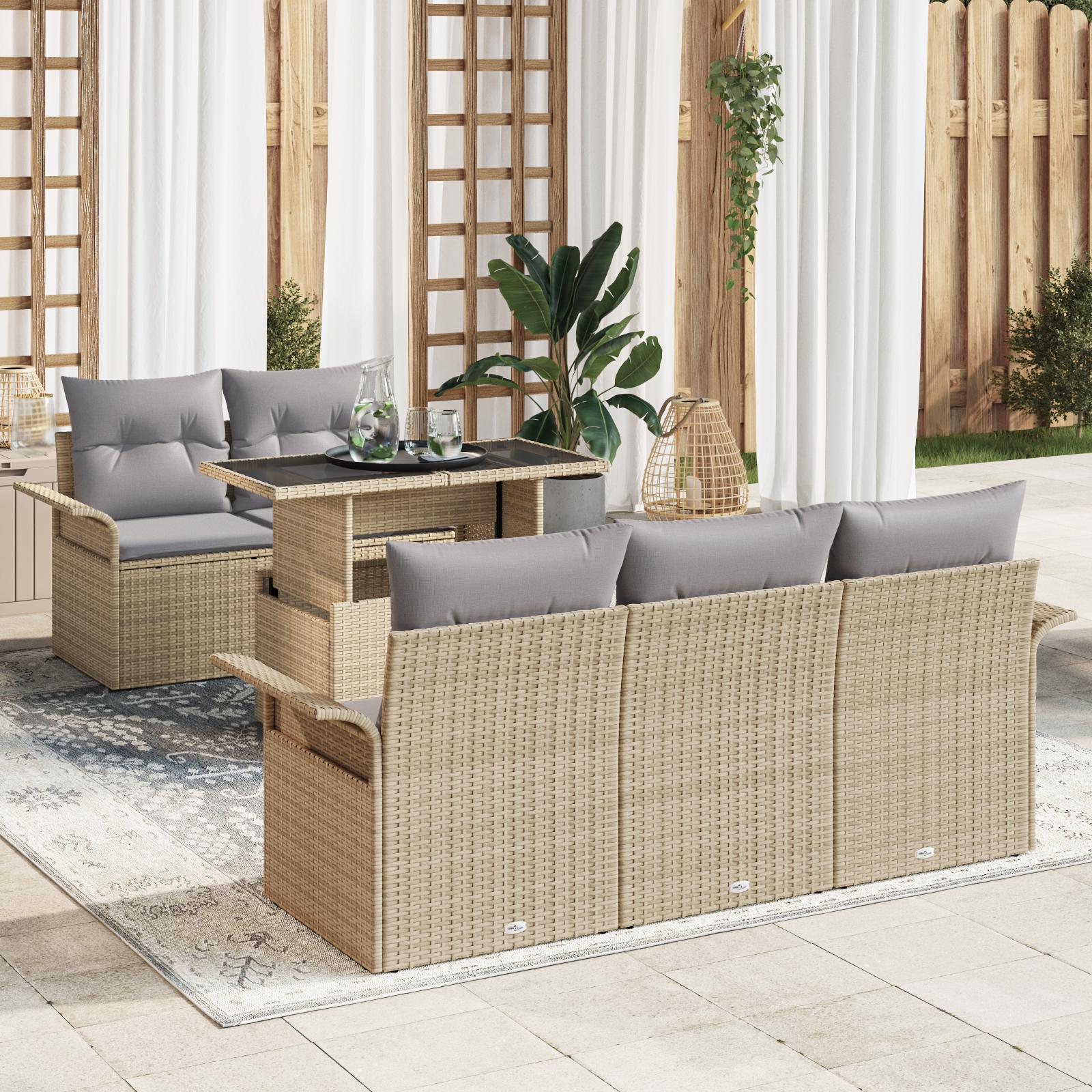 6 Delt Have Sofa Sæt med Puder Beige Poly Rattan,  2-Sæders Have Sofa med Opbevaring & Puder Beige Poly Rattan