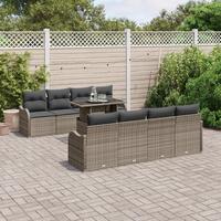 10 Styk Have Sofa Sæt med Puder Grå Poly Rattan, 2-personers Have Sofa med Opbevaring & Puder Grå Poly Rattan