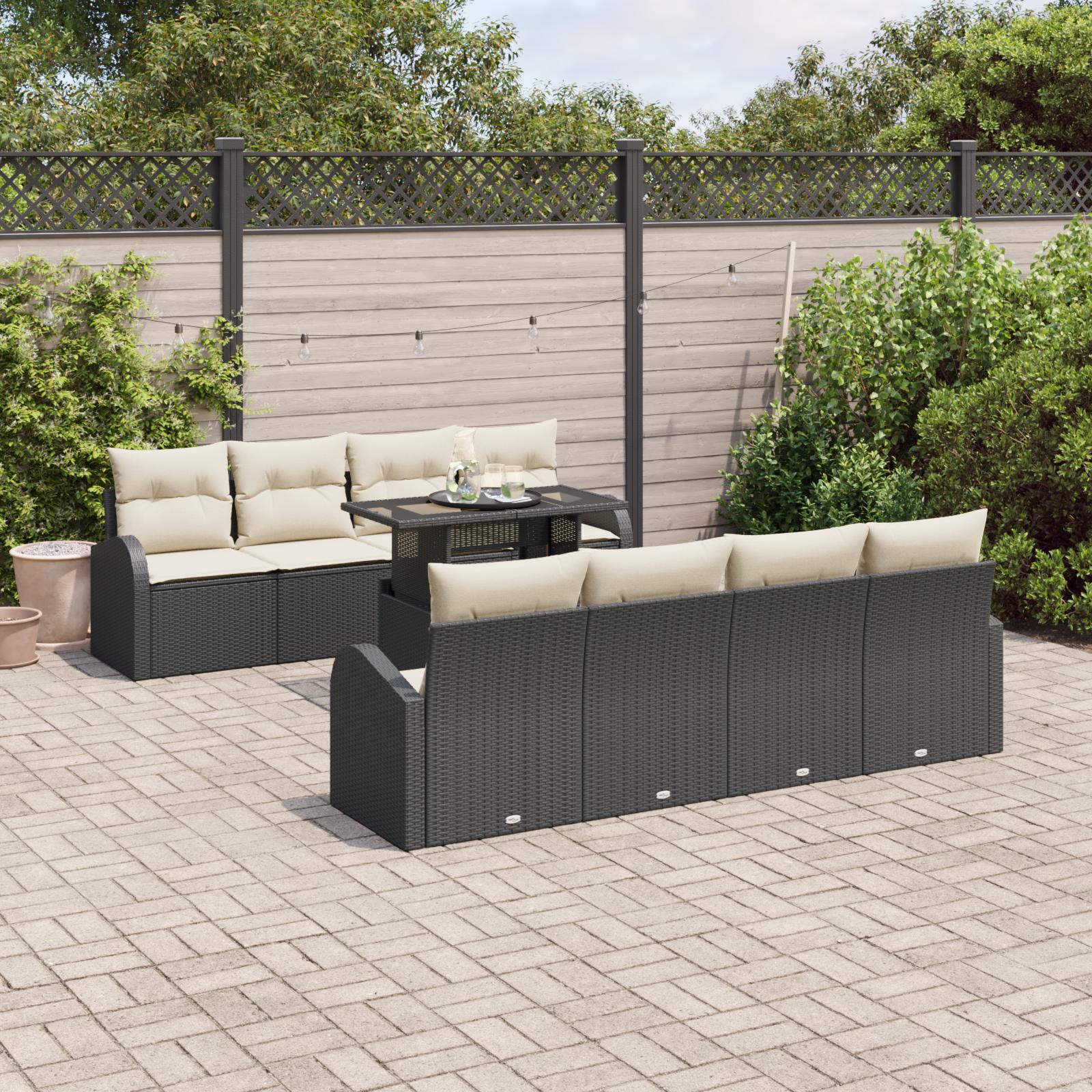 Havesofa Sæt med pude 9 stk Sort 100 x 55 x 73 cm Poly rattan billede