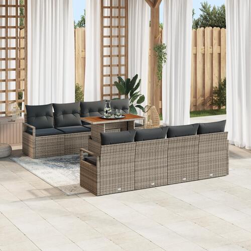9 Stykker Have Sofa Sæt med Puder Grå Poly Rattan, 2-Sæders Have Sofa med Opbevaring & Puder Grå Poly Rattan