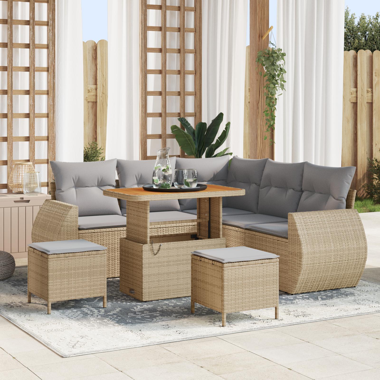 8 Delt Havesofa Sæt med Puder Beige Poly Rattan Akacia,  3 Delt Havedining Sæt med Puder Beige Poly Rattan Akacia
