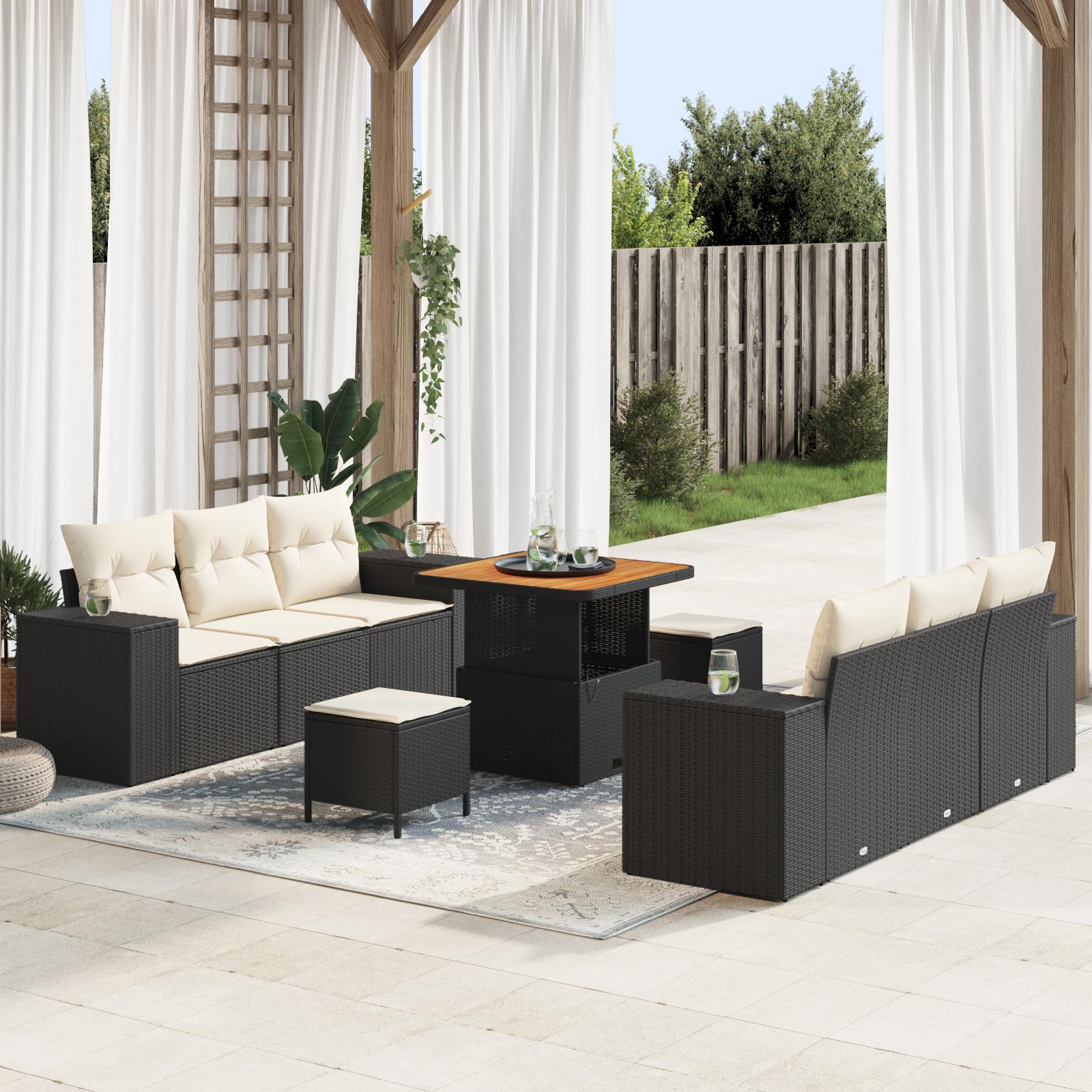 9-delt Have Sofa Sæt med Hynder Sort Polyrattan Akacietræ, 3-delt Have Spisesæt med Hynder Sort Polyrattan Akacietræ