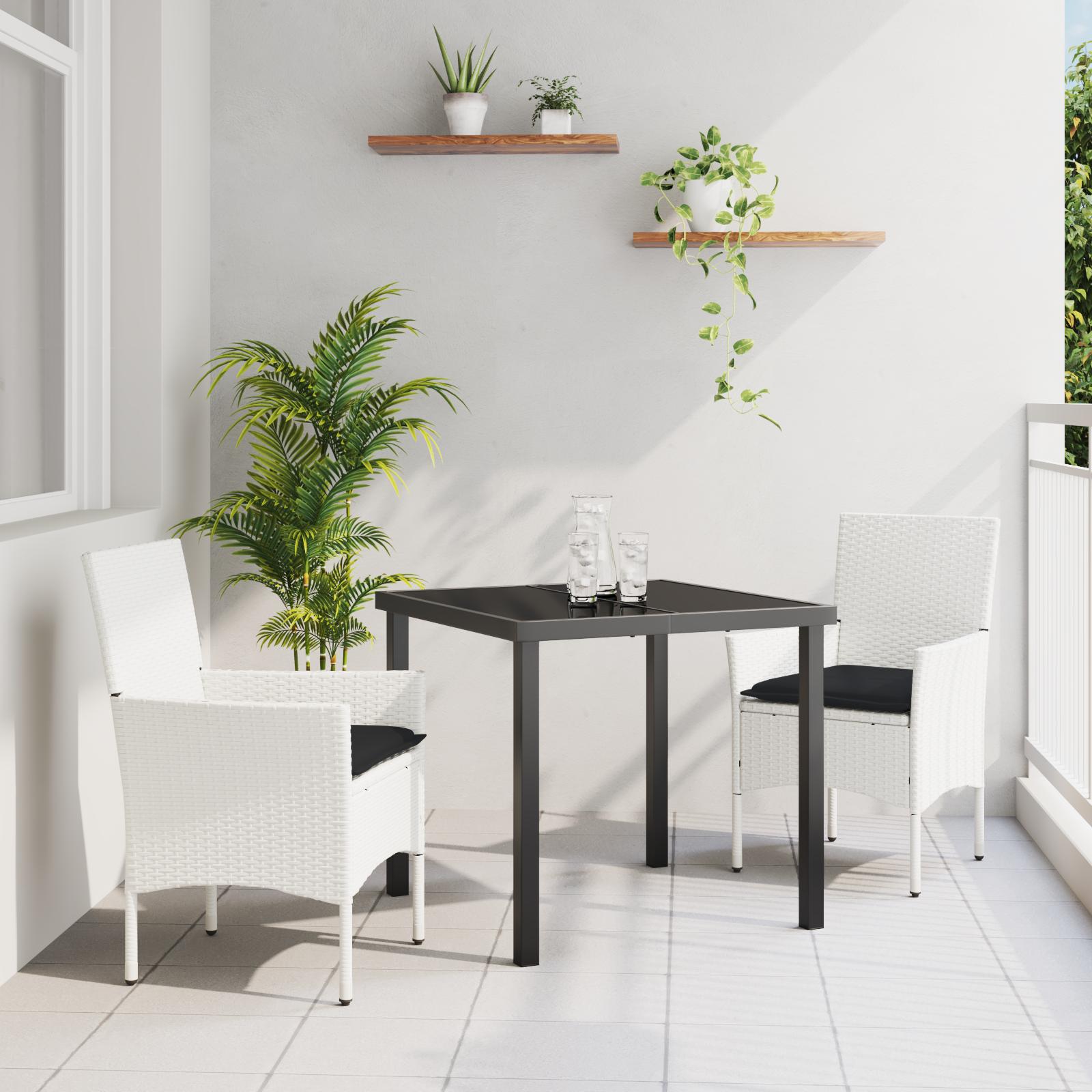 3 Stykke Have Spisesæt med Puder Hvid Polyrattan, Havebord Sort 80x80x73 cm Tempereret Glas