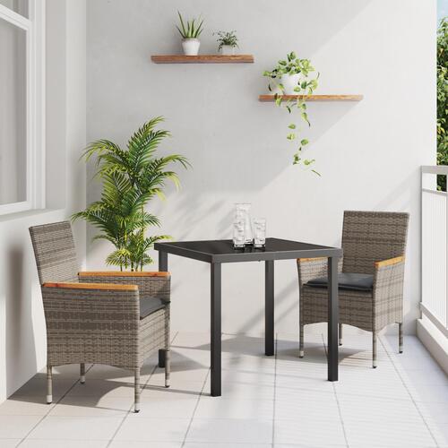 3-delt havemøbel sæt med puder grå poly rattan, Havemøbel Bord Sort 80x80x73 cm Tempered Glas