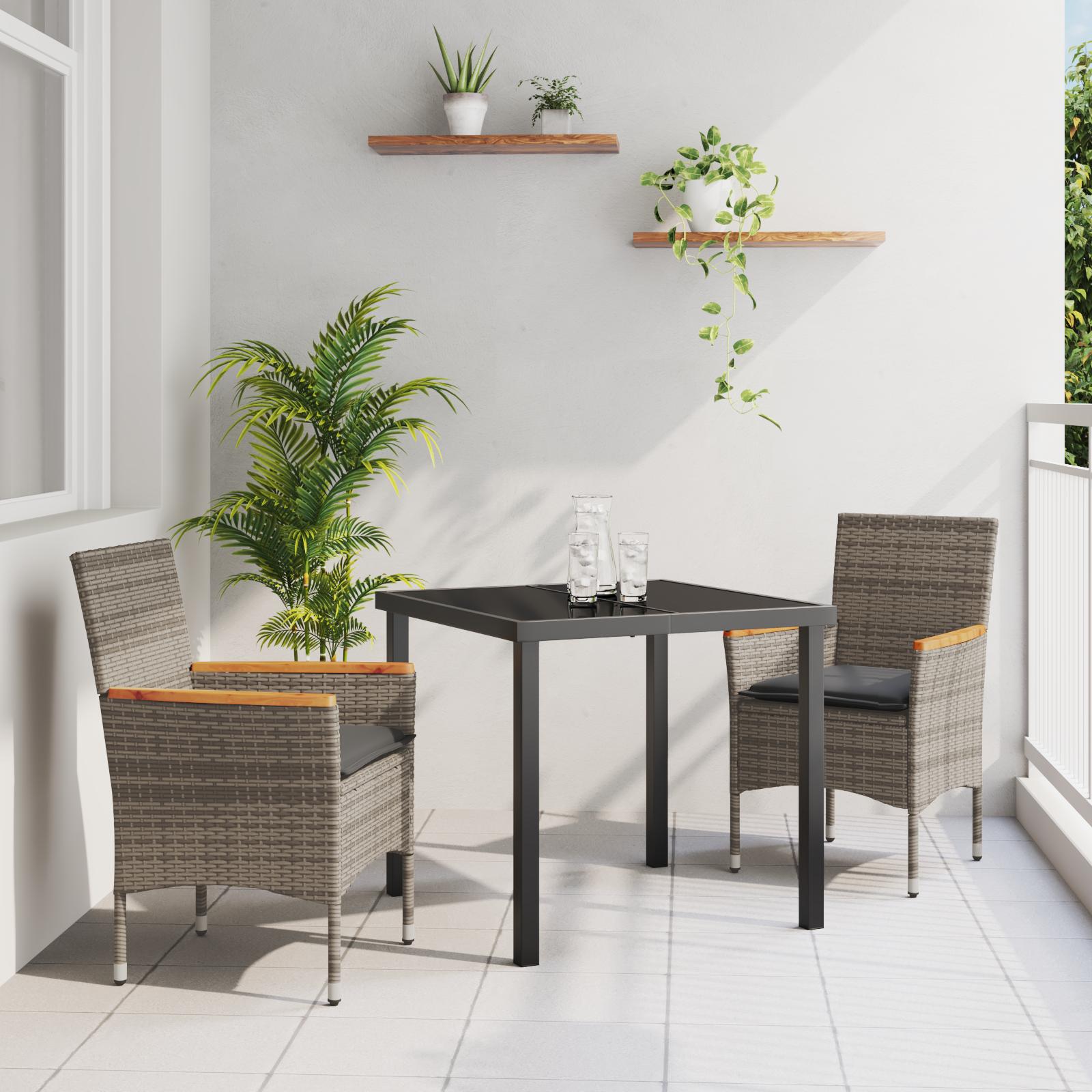 3-delt havemøbel sæt med puder grå poly rattan, Havemøbel Bord Sort 80x80x73 cm Tempered Glas